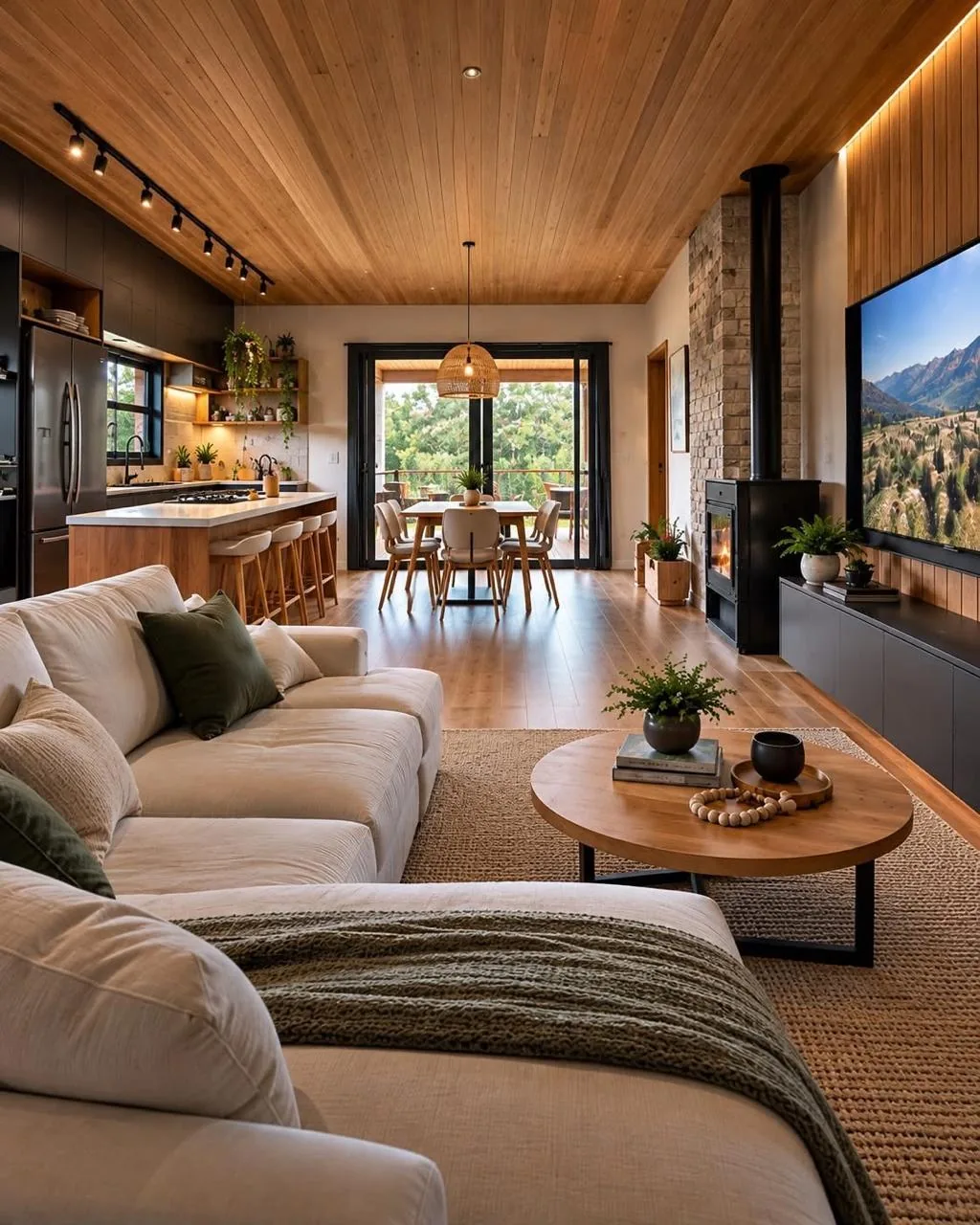 Sala de estar con plafón y muros de madera, ventanales amplios y mobiliario en tonos claros.