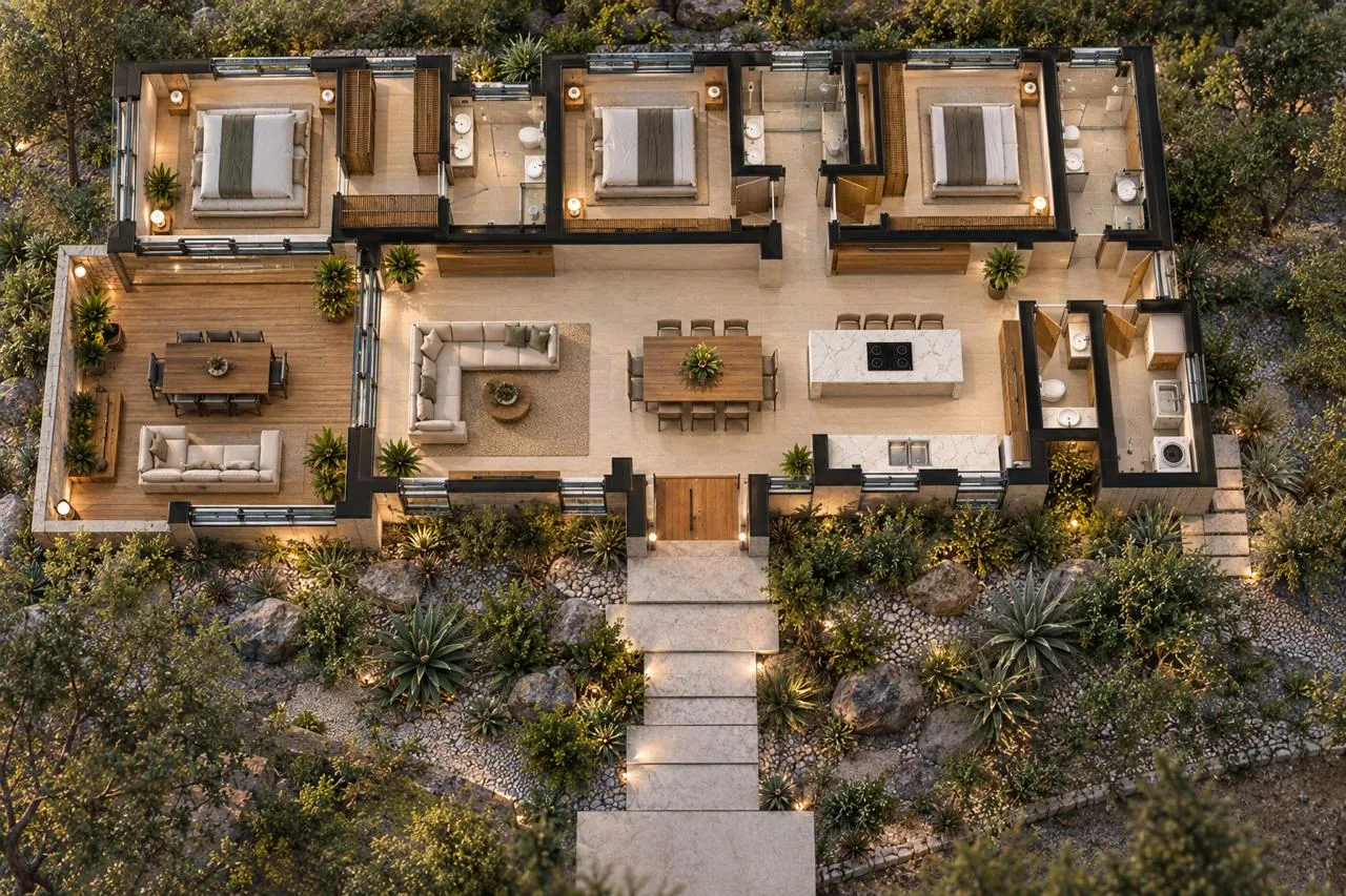 Planta arquitectónica de una vivienda modulada, con distribución de espacios y mobiliario.
