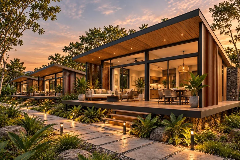 Vivienda contemporánea de una planta con jardín y camino de piedra.